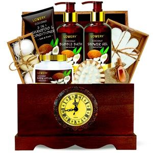Vintage Style Coconut Bath Gift Set - 13Pc Body Care in a Real Working Clock Box